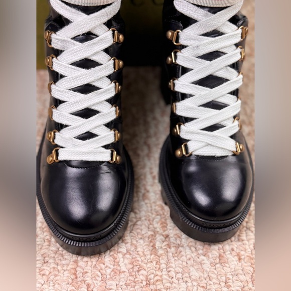 Gucci Sylvie Web Womens Lace Up Calfskin Leather Black Combat Boots Size 39. - Picture 4 of 11